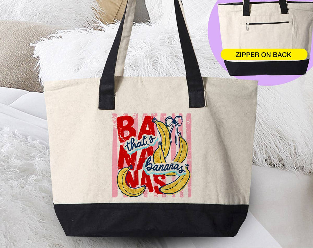 "That's Bananas" design on a natural canvas zippered tote bag