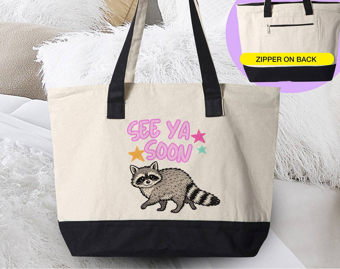 "See You Soon" design on a natural canvas zippered tote bag