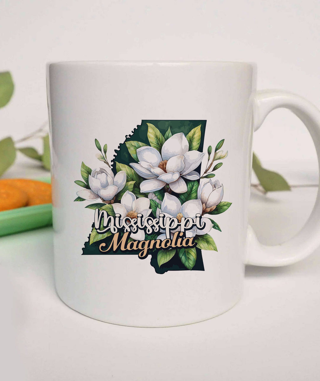 "Mississippi State Flower Magnolia" design on a white ceramic coffee mug