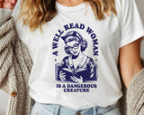 "A Well Read Woman" design on a white unisex t-shirt