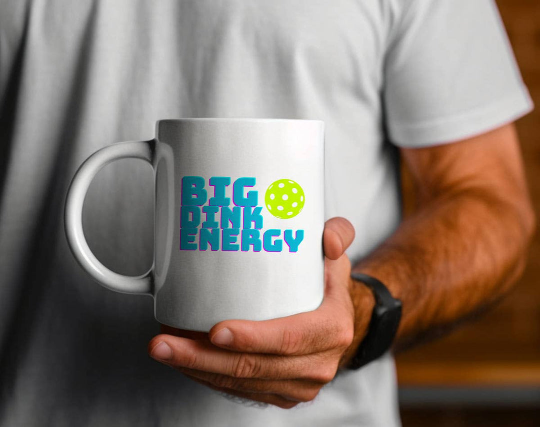 "Big Dink Energy Pickleball" design on a white ceramic coffee mug