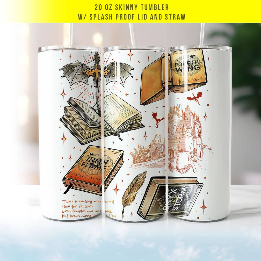 "Fourth Wing Collage" design on a 20 oz skinny tumbler with lid and straw