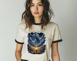 "Remember Who You Are T-Rex Chicken" design on a natural ringer t-shirt with black contrast trim