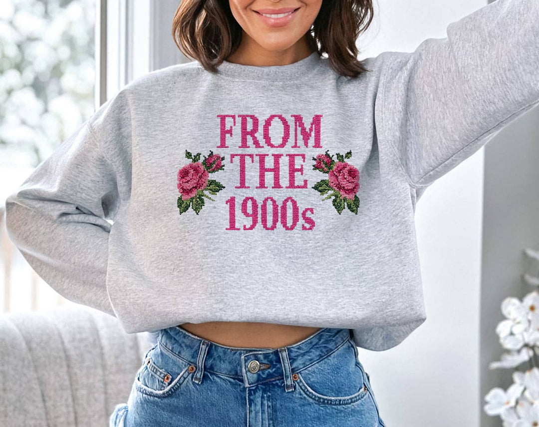 "From The 1900's Floral Roses" design on an ash gray unisex crewneck sweatshirt