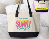 "I Was Made For Happy Sunny Days Spring Easter" design on a natural canvas zippered tote bag