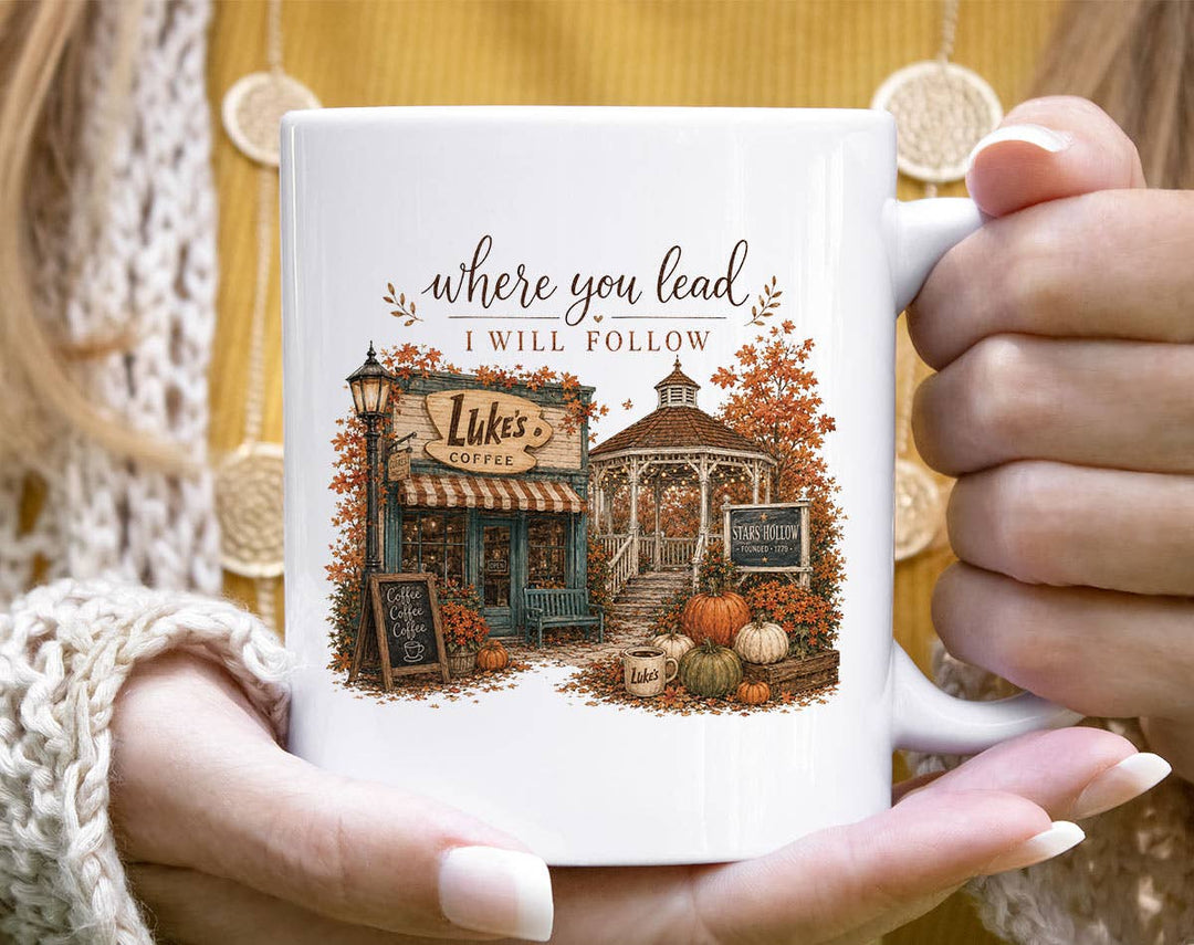 "Where You Lead I Will Follow Gilmore" fall design on a white coffee mug