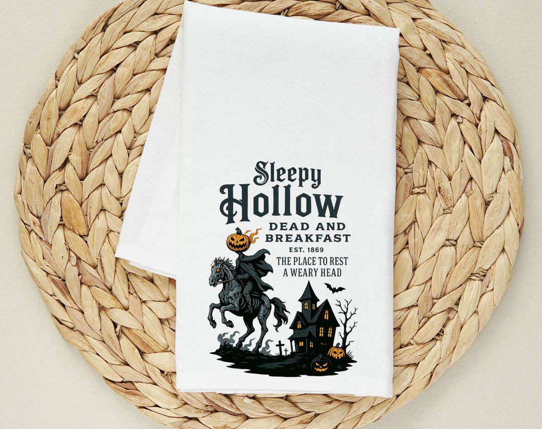 "Sleepy Hollow Pumpkin" design on a white 28 x 28 inch flour sack tea towel