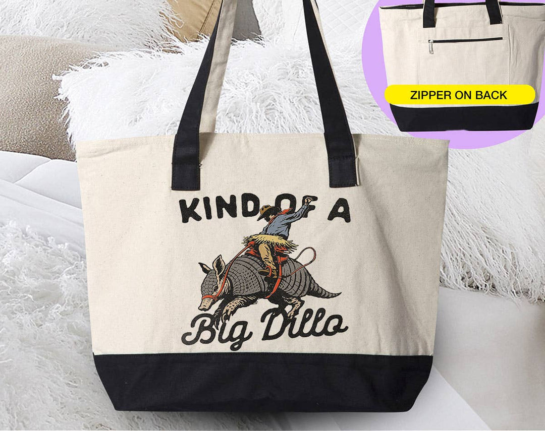 "Kind Of A Big Dilla Funny Pun Cowboy Armadillo" design on a natural canvas zippered tote bag