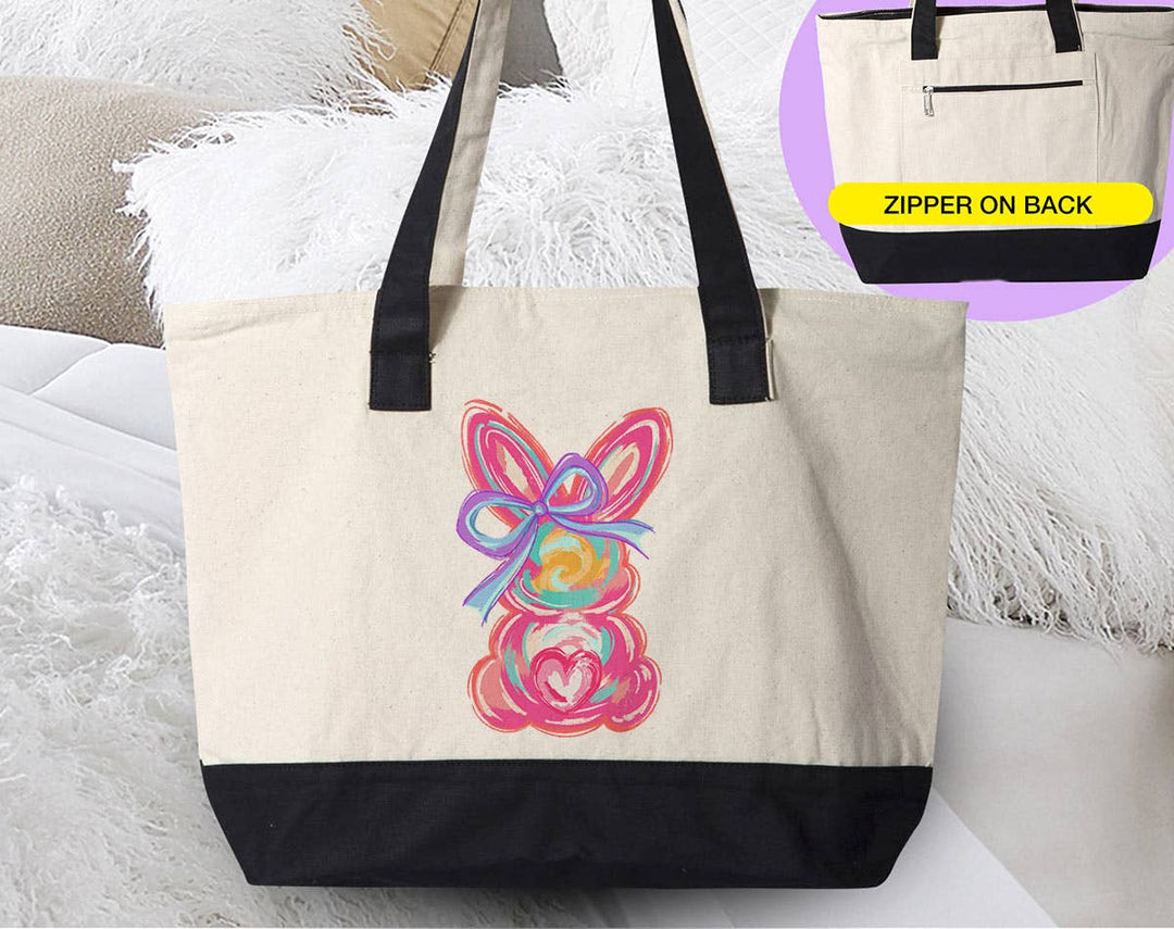 "Easter Bunny Brushstrokes" design on a natural canvas zippered tote bag