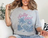 "Salty Soul Beach Palm Tree" design on a heather gray unisex t-shirt