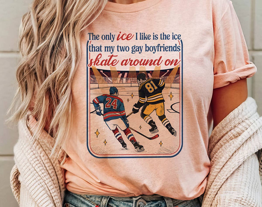 "The Only Ice I Like Heated Rivalry" design on a peach unisex t-shirt