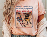 "The Only Ice I Like Heated Rivalry" design on a peach unisex t-shirt