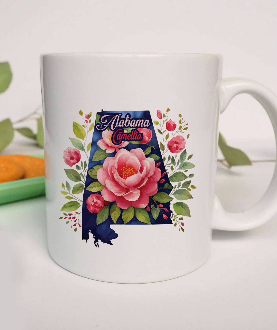 "Alabama State Flower Camellia" design on a white ceramic coffee mug
