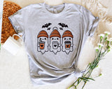 "Three Ghosts Drinking Coffee" design on a heather gray unisex t-shirt