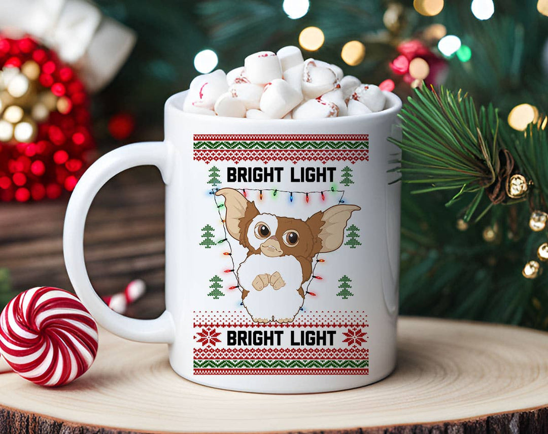 "Bright Light Gizmo" Christmas design on a white coffee mug