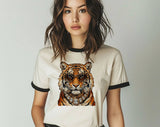 "Glam Tiger Leopard" design on a natural ringer t-shirt with black contrast trim