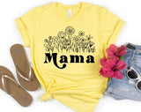 "Mama Wildflowers" design on a pale yellow unisex t-shirt