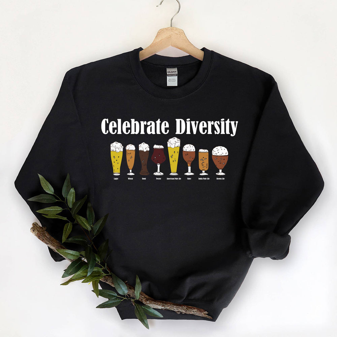 "Celebrate Diversity Hops IPA" design on a black unisex crewneck sweatshirt