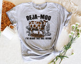 "Deja Moo, Heard This Bull Before" design on a heather gray unisex t-shirt