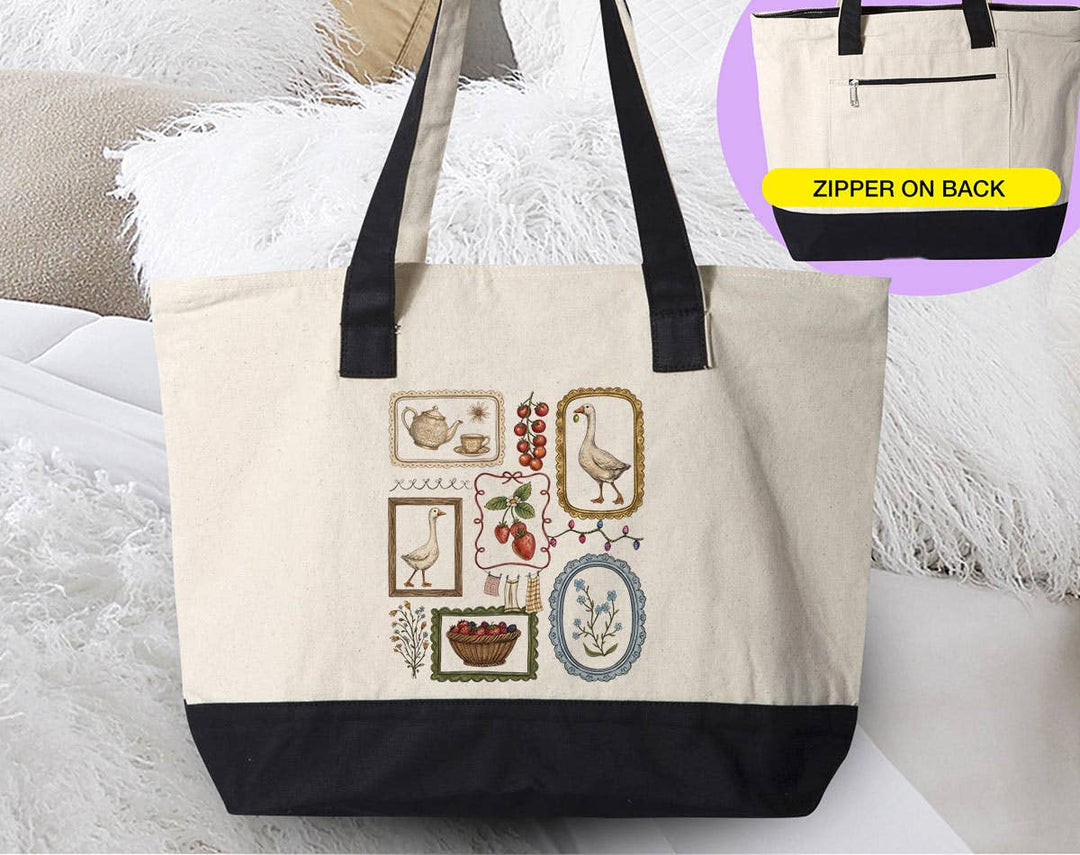"Portrait Cottagecore Goose Vintage Farmhouse" design on a natural canvas zippered tote bag
