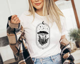 "Moon Magic Mushroom" design on a white unisex t-shirt