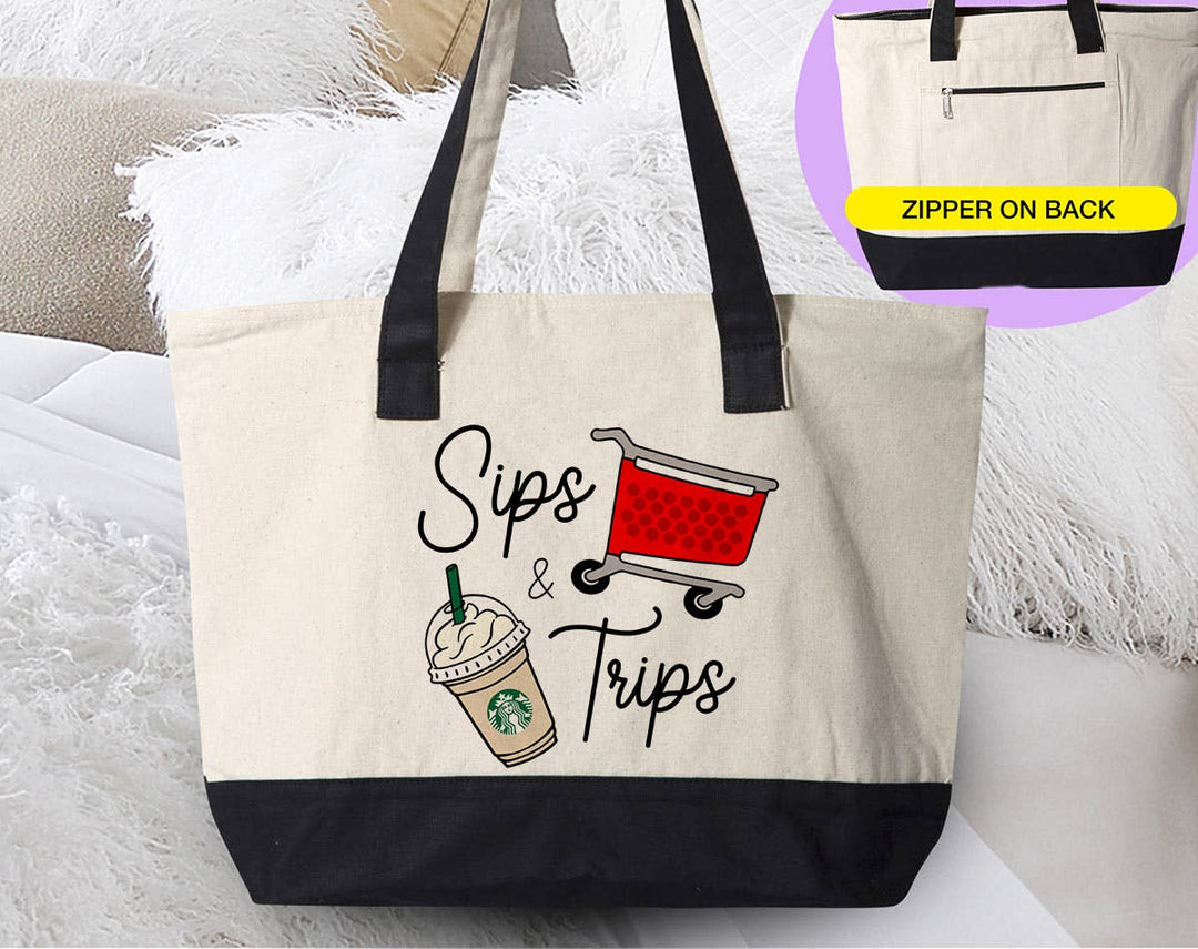 "Sips And Trips" design on a natural canvas zippered tote bag