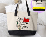 "Sips And Trips" design on a natural canvas zippered tote bag