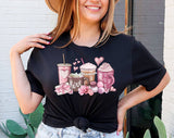"Valentine Coffee Love Hearts" design on a black unisex t-shirt