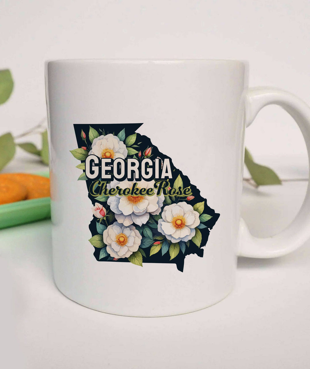 "Georgia State Flower Cherokee Rose" design on a white ceramic coffee mug