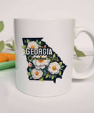 "Georgia State Flower Cherokee Rose" design on a white ceramic coffee mug
