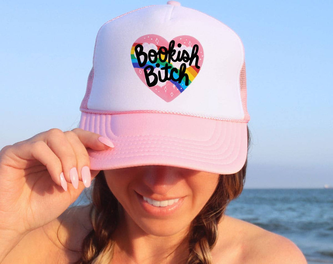 "Bookish B*tch" design on a mesh-back snapback trucker hat