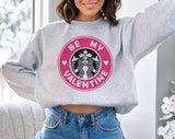 "Be My Valentine Pink Coffee Logo" design on an ash gray unisex crewneck sweatshirt