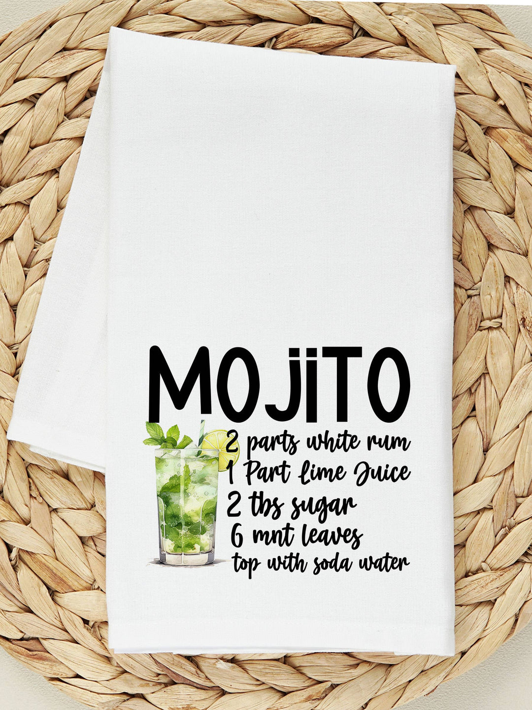 "Mojito Cocktail Recipe" design on a white 28 x 28 inch flour sack tea towel