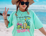 "Salty Bring Tequila" design on an island reef blue Comfort Colors t-shirt