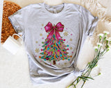 "Coquette Christmas Tree Pink Bow" design on a heather gray unisex t-shirt