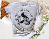 "Support Your Local Murder Crow" design on a heather gray unisex t-shirt