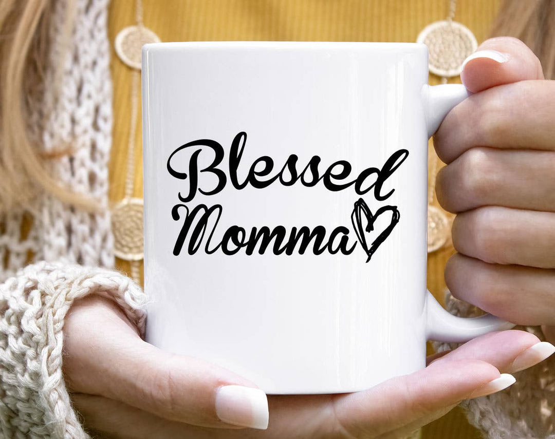 "Blessed Momma" design on a white ceramic coffee mug