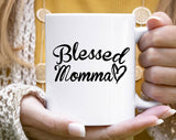 "Blessed Momma" design on a white ceramic coffee mug