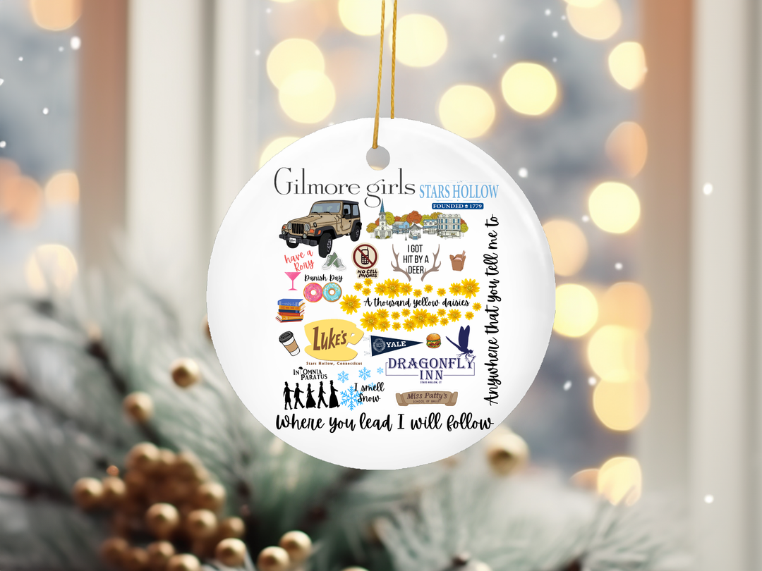 "Gilmore Girls Collage" design on a 2.5 inch round ceramic Christmas ornament