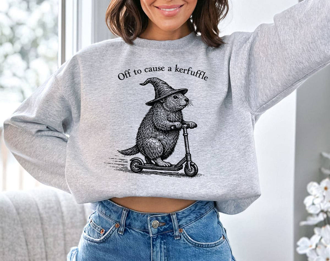 "Off To Cause A Kerfuffle Groundhog Wizard" design on an ash gray unisex crewneck sweatshirt