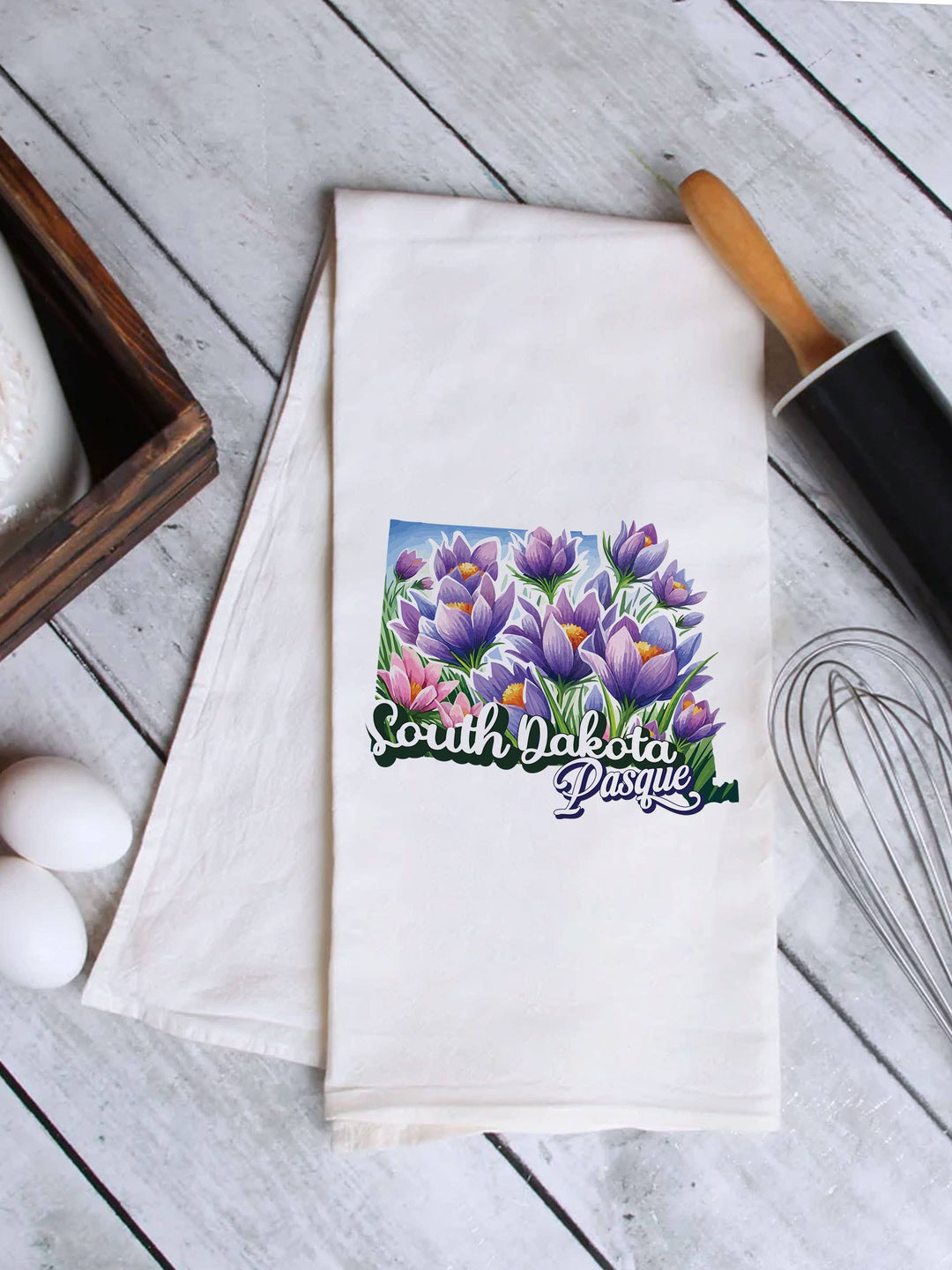 "South Dakota State Flower Pasque" design on a white 28 x 28 inch flour sack tea towel