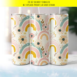 "Rainbow Flower Pattern" design on a 20 oz skinny tumbler with lid and straw