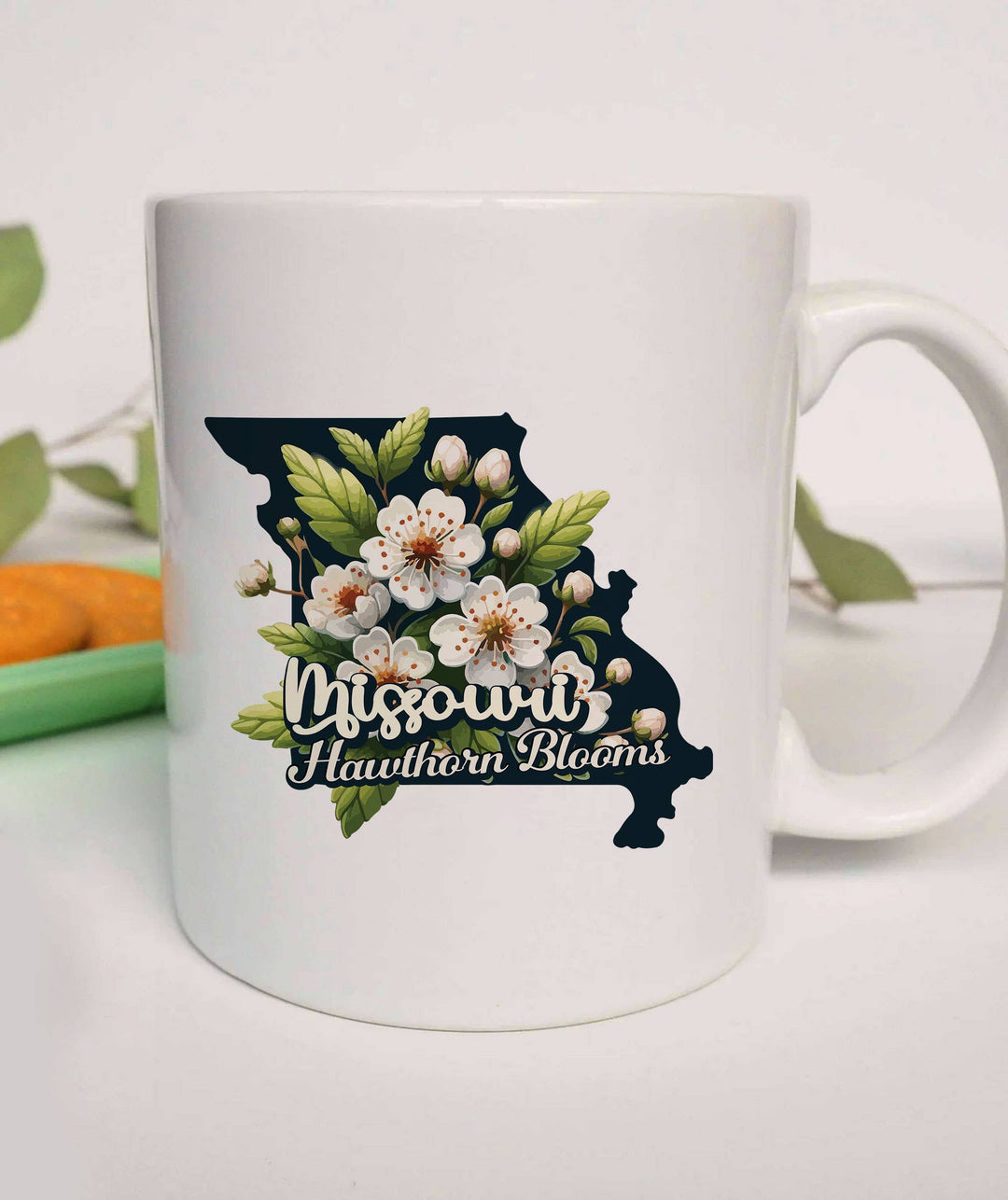 "Missouri State Flower Hawthorn Bloom" design on a white ceramic coffee mug