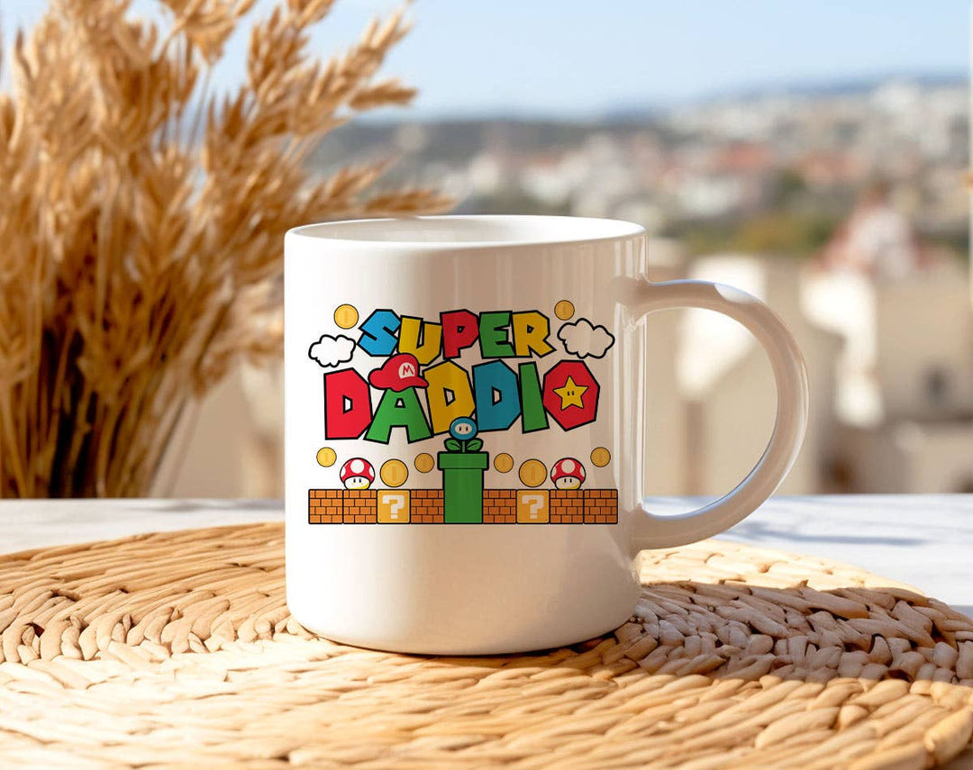"Super Daddio" design on a white ceramic coffee mug