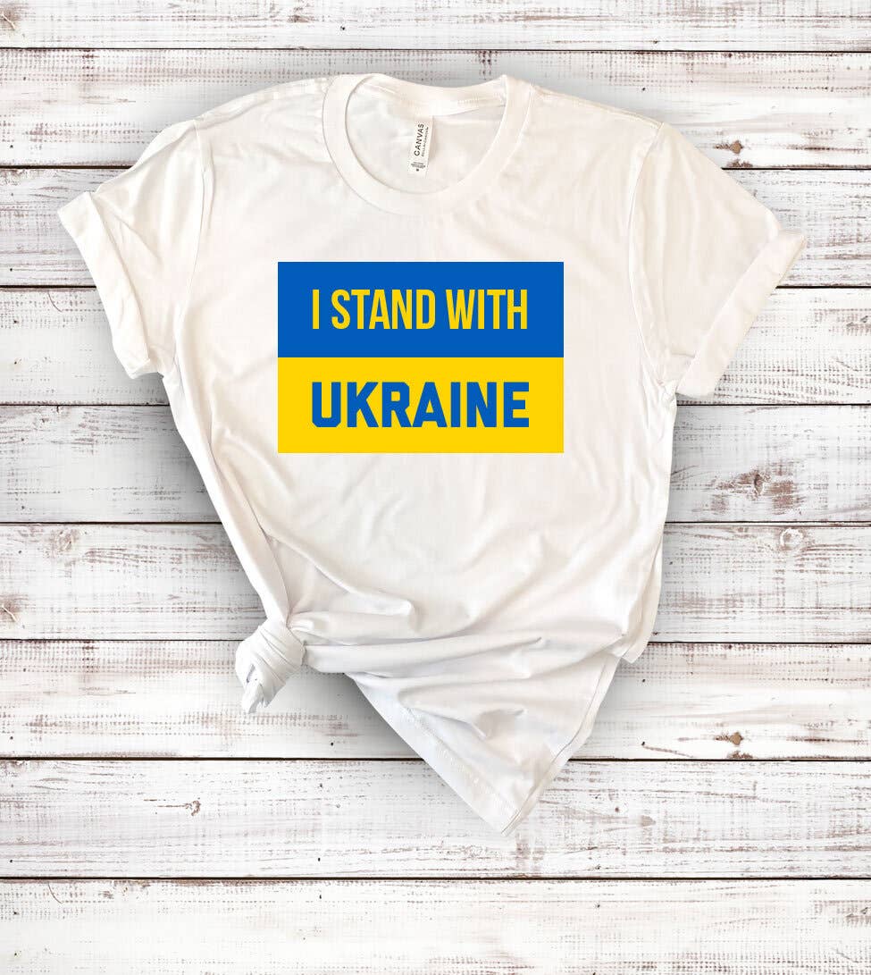 "I Stand With Ukraine Flag" design on a white unisex t-shirt