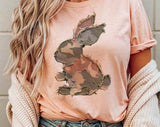"Camo Bunny Patchwork" design on a peach unisex t-shirt