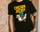 "Chicken Jockey" design on a black unisex t-shirt