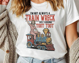 "I'm Not Always A Train Wreck" design on a white unisex t-shirt