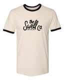 "The Swell Co" design on a natural ringer t-shirt with black contrast trim