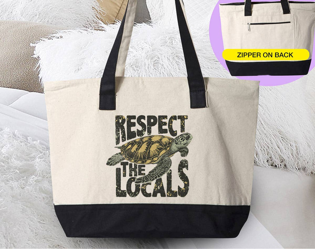 "Respect The Locals" design on a natural canvas zippered tote bag